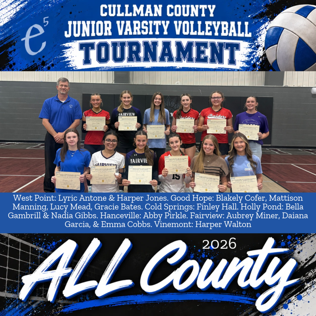 Event poster with text "Cullman County Junior Varsity Volleyball Tournament 2026" and a group of players holding certificates.