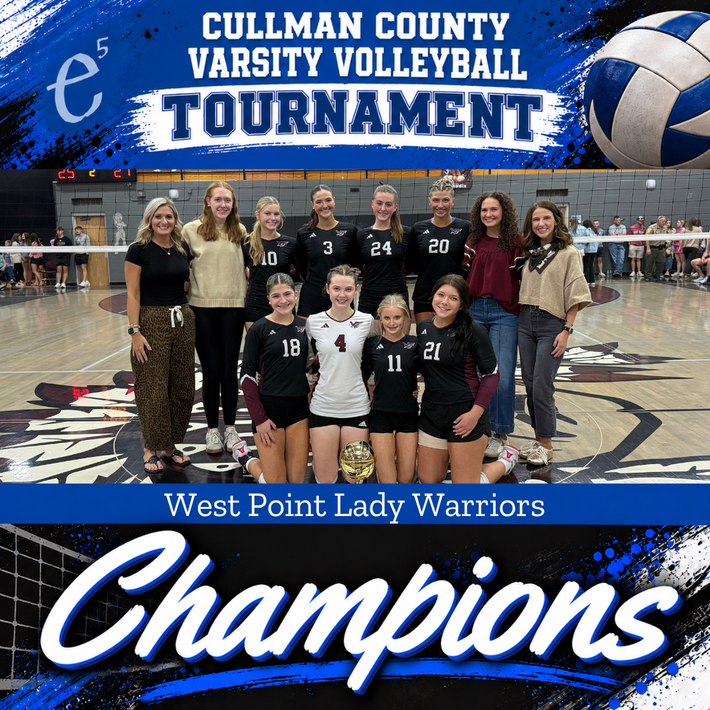 Group photo of female volleyball team with West Point Lady Warriors and Champions text. A volleyball is in the top corner.