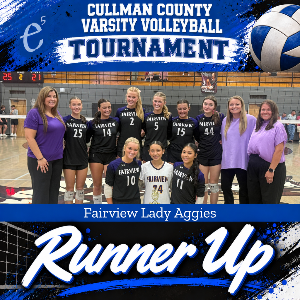 A team of young female volleyball players in black uniforms stand together on a court with a volleyball.