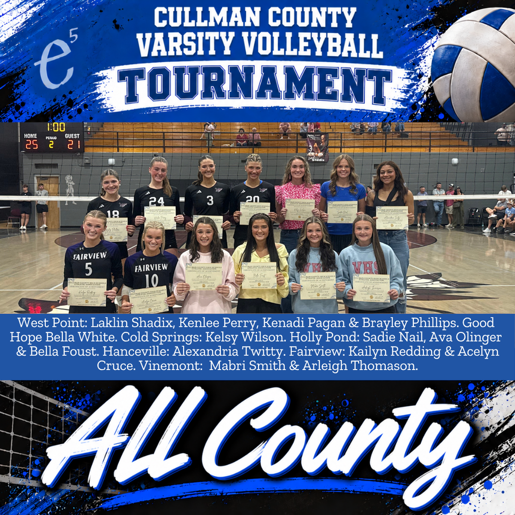 A collage shows girls holding certificates. Above, a volleyball floats near a net. The header reads "Cullman County Varsity Volleyball Tournament."