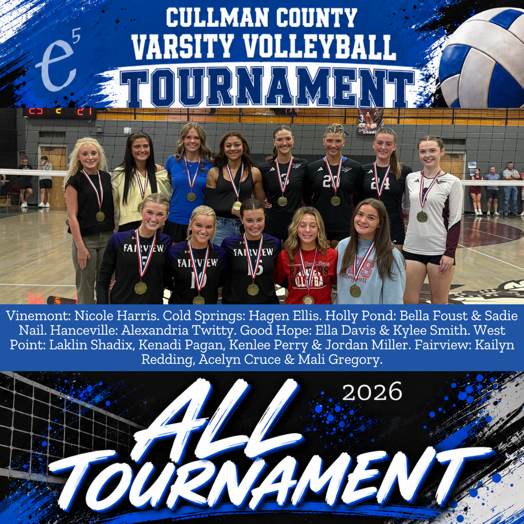 An indoor court with a team of female players in medals, names listed, and "Cullman County Varsity Volleyball Tournament All Tournament 2026" text.