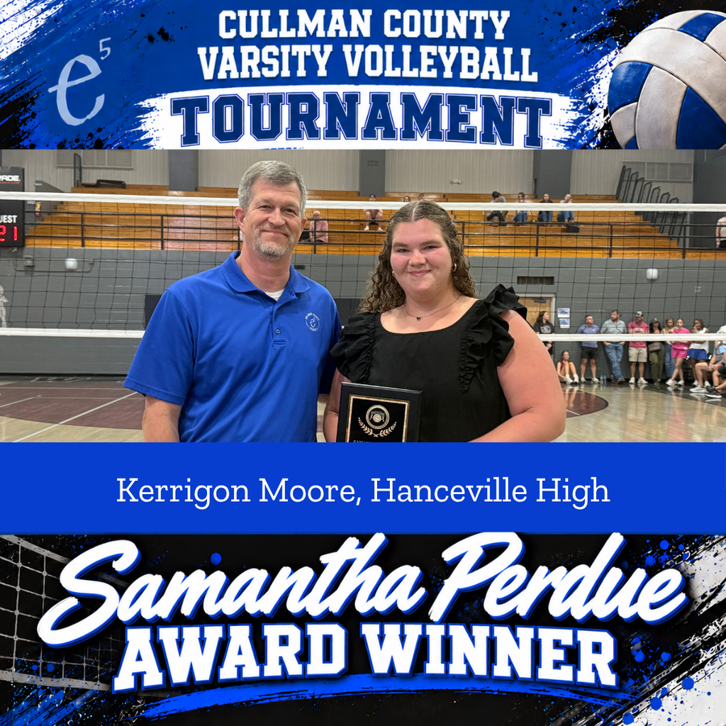 A man and a woman stand beside each other holding an award. The background shows a volleyball net.