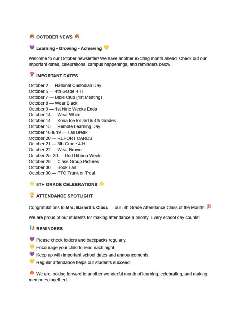 A page with a blue border displays text in white and black fonts, listing events and reminders for October, including celebrations and important dates.
