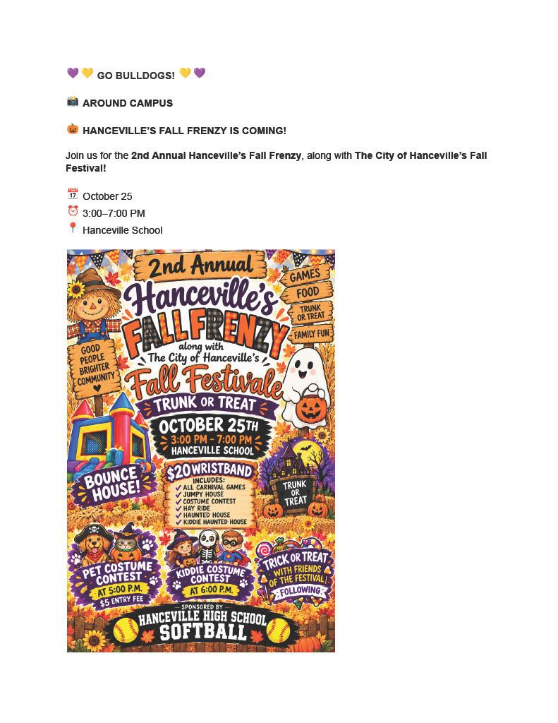 A poster promotes Hancville's Fall Frenzy, with a date of October 25 and activities like trunk-or-treat, a bounce house, and contests.
