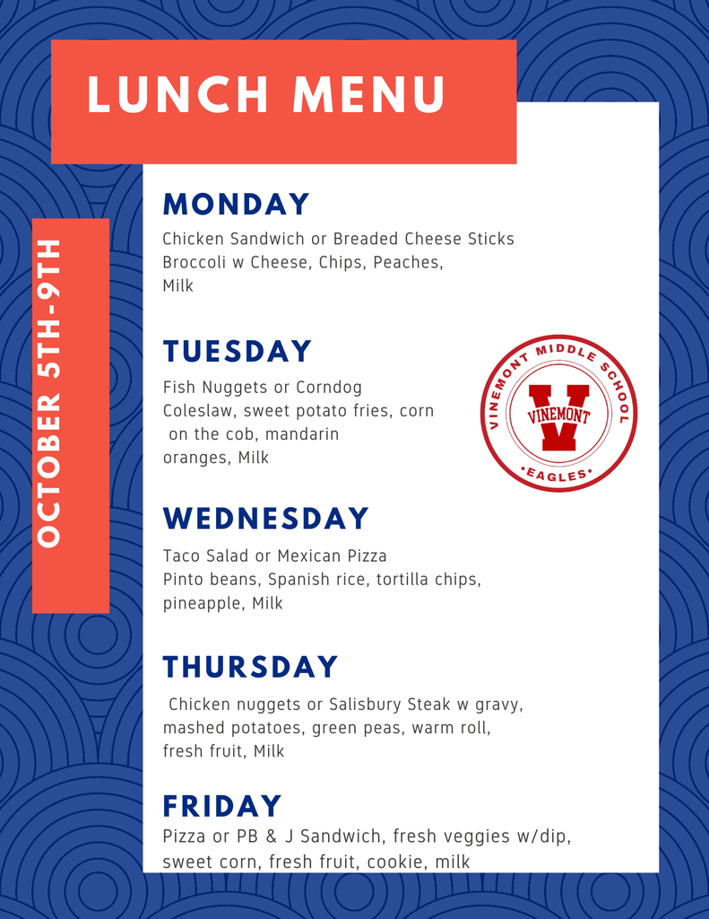 A weekly lunch menu for October 5th displayed on a blue and white background. It lists daily meal options.