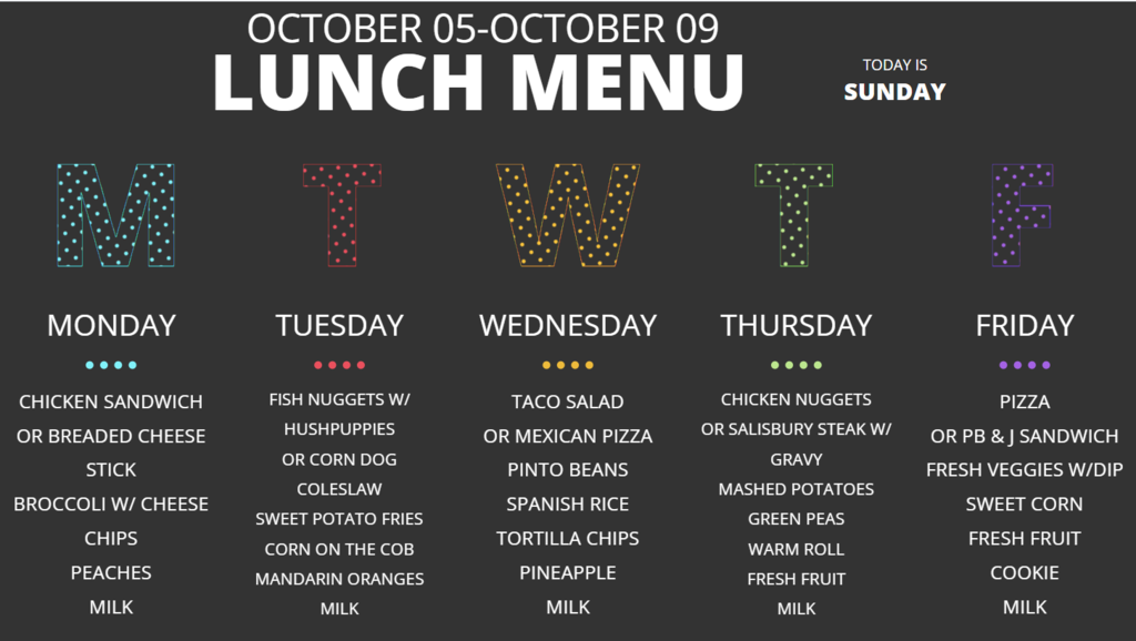 Menu for October 5-9, featuring five days of lunch options. Background is black with white text.