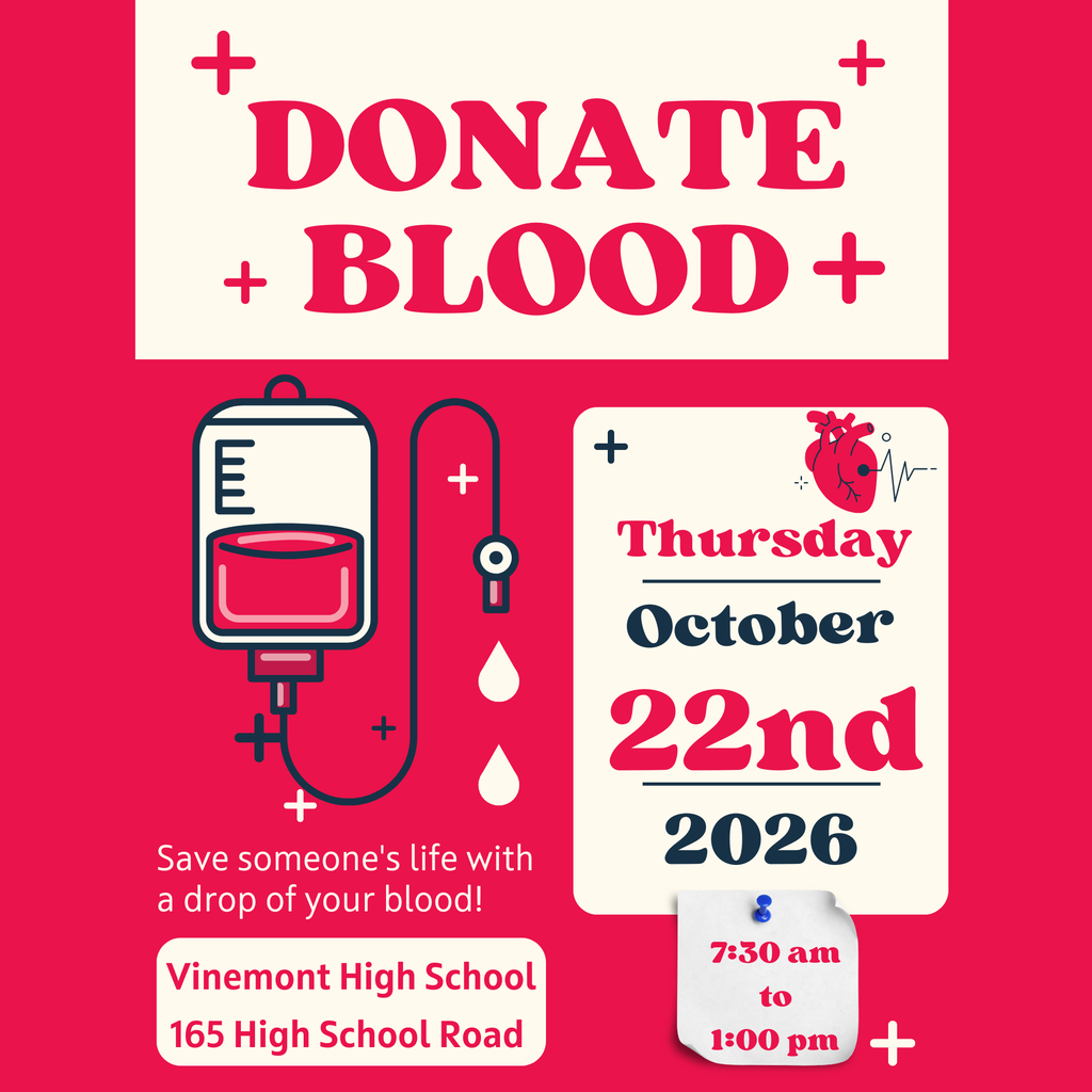 Red poster with text "DONATE BLOOD" and blood drop illustration. Below it, a blood bag and text "Thursday October 22nd 2026".