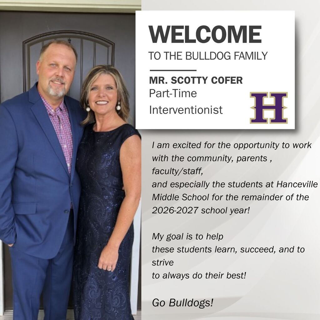 Couple standing in front of door with text about a school and a man's introduction.