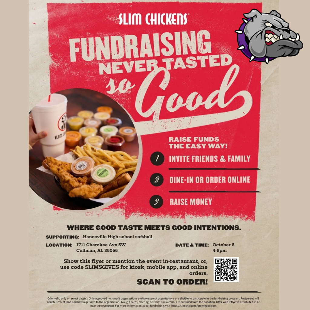 Poster for Slim Chickens' fundraising event on October 6, featuring a menu and a dog. The event supports an organization.