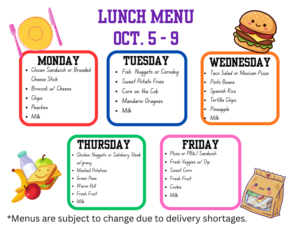 A menu for lunch from Oct. 5-9 with sandwiches, vegetables, and fruits. It includes bread, cheese, chips, and milk.