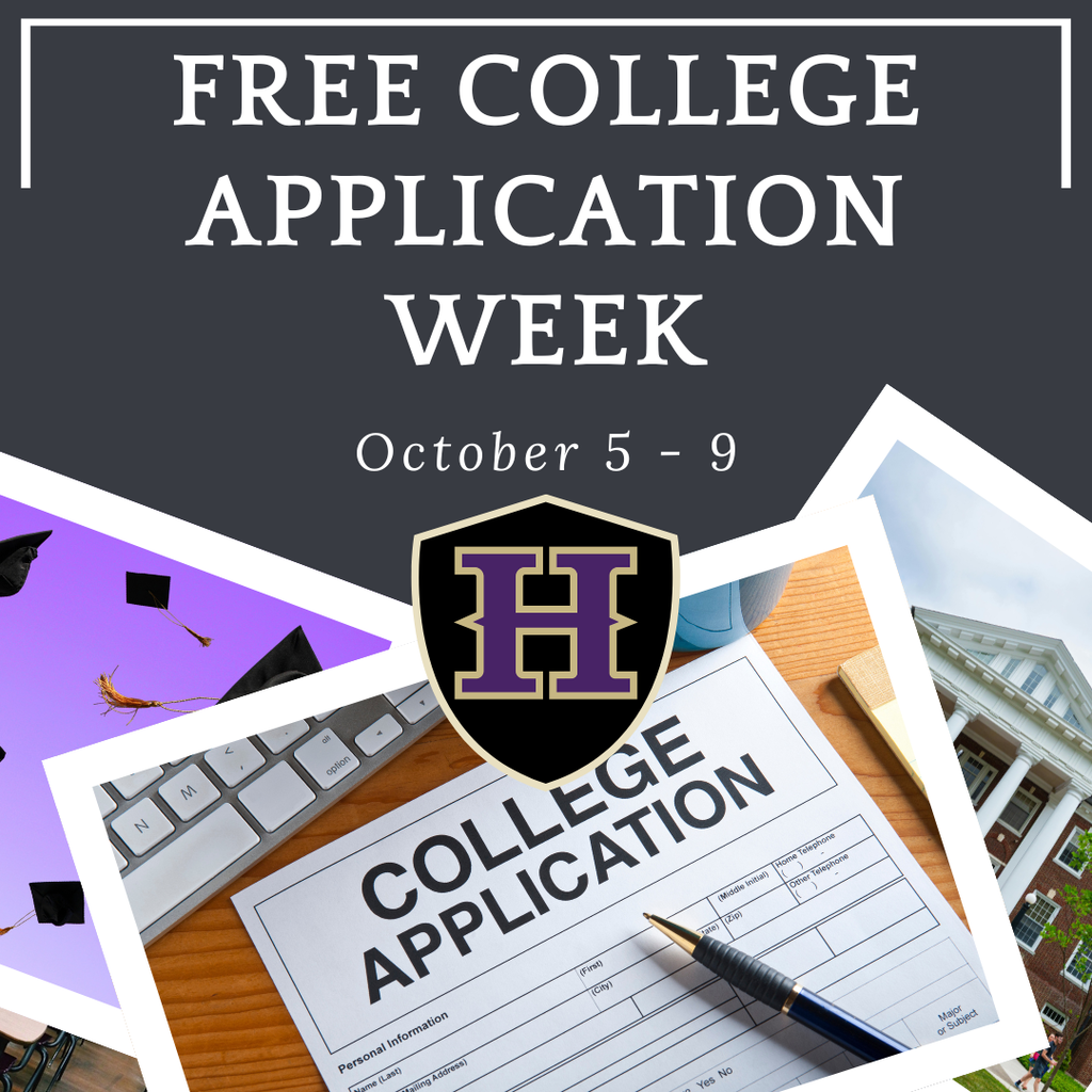 Banner with a black background promoting Free College Application Week, October 5-9, featuring a college emblem, application form, and academic symbols.