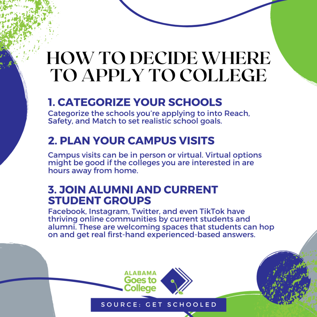 A blue, green, and white graphic presents tips on how to decide where to apply to college.
