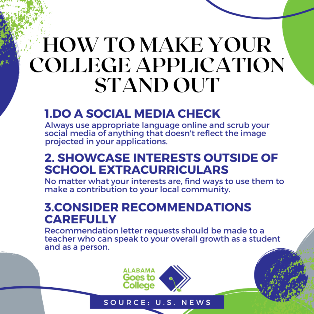 A white background displays a blue and green design with bold text titled "How to Make Your College Application Stand Out."