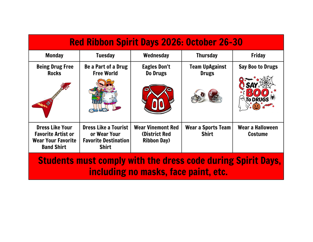 Red-themed chart listing Spirit Days with a day, theme, and dress code for October 26-30.