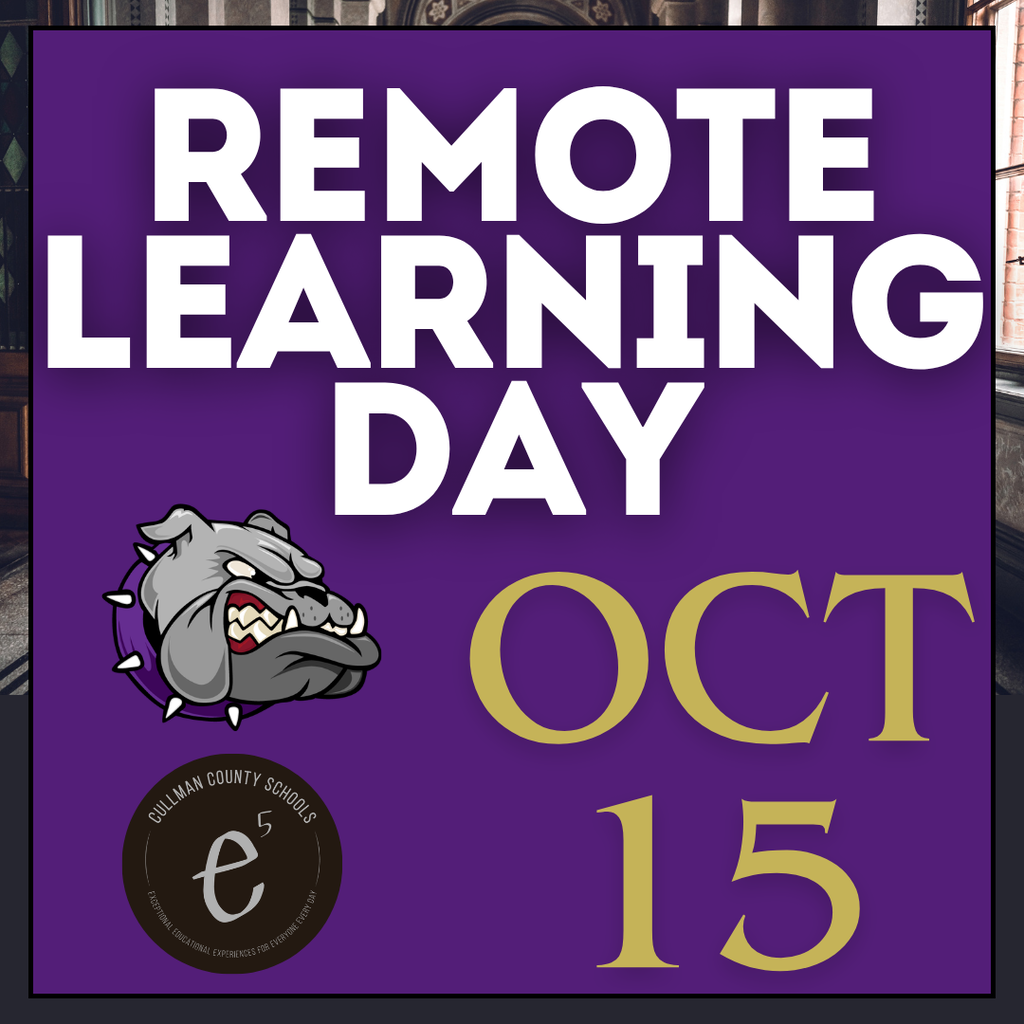 Purple background with "Remote Learning Day" in white. Logo featuring a dog face. "Oct 15" in yellow.