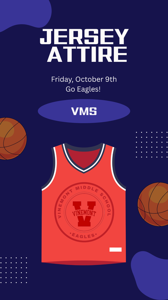 An orange jersey with white text and a red circle logo sits on a blue background. Text reads "Jersey Attire Friday, October 9th Go Eagles!" Two basketballs appear.