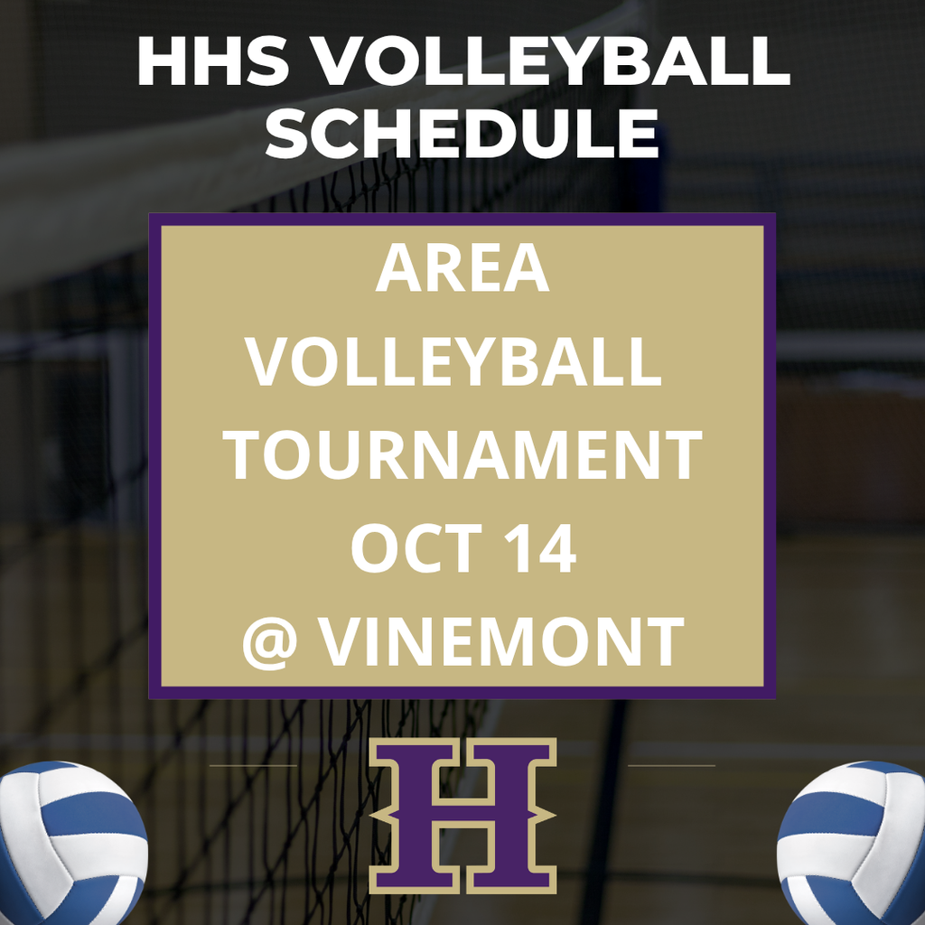 A schedule announcement for HHS Volleyball shows a volleyball court with two volleyballs in blue and white.