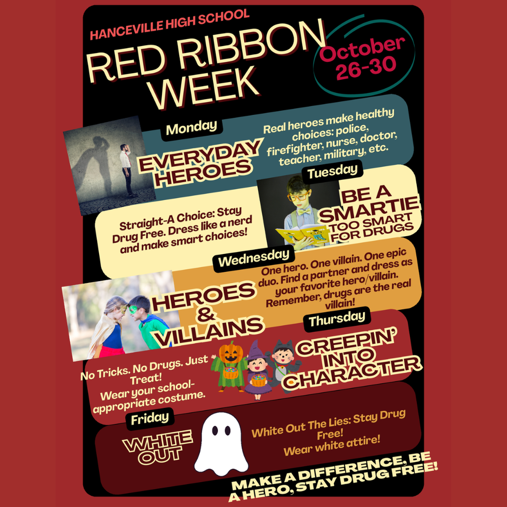 A poster for Red Ribbon Week with five days highlighted, featuring themes like "Everyday Heroes" and "Heroes & Villains."