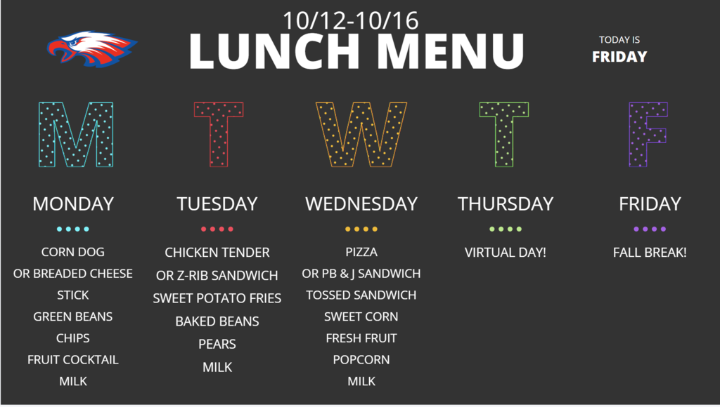 Black menu board with the days of the week listed vertically. Each day is a different color.