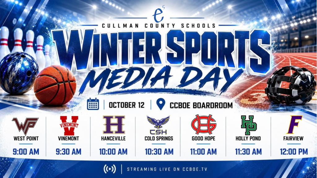 Event poster for Winter Sports Media Day. Sports include bowling, basketball, football, and track. Schedule: 9:00 AM, 9:30 AM, 10:00 AM, etc.