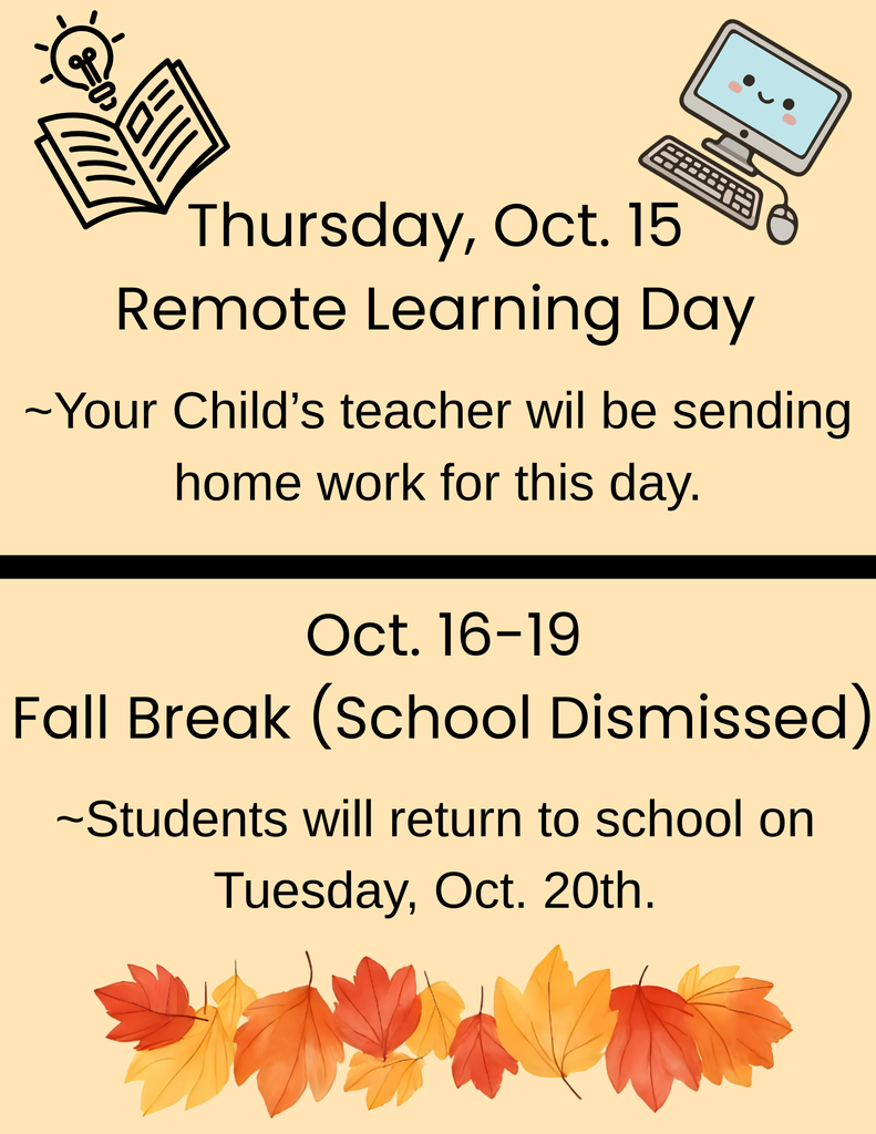 A graphic shows educational announcements for Oct. 15, 16-19, and 20, with a book, computer, and leaves.