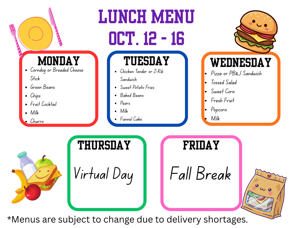 Menu options for October 12 to 16. Sections for Monday, Tuesday, Wednesday, Thursday, and Friday. Icons of food, fruit, and drinks.