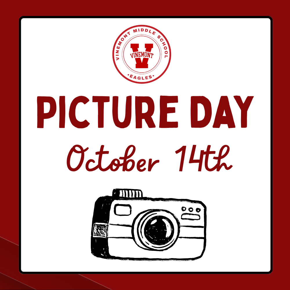 An announcement with a red border features a school logo and a hand-drawn camera. It reads "PICTURE DAY October 14th."