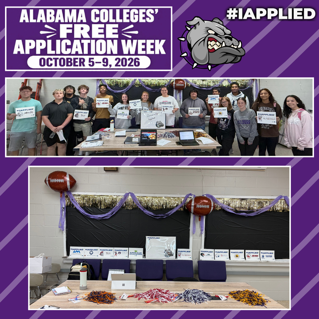 Alabama Colleges' Free Application Week with a group of students who applied for college and a table set with several colleges' colors and certificates of college applications.