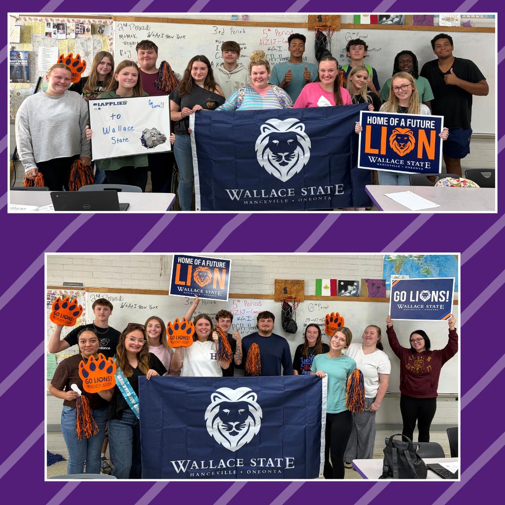 Two groups of people stand with signs and banners, one with a lion logo and "Wallace State" text.