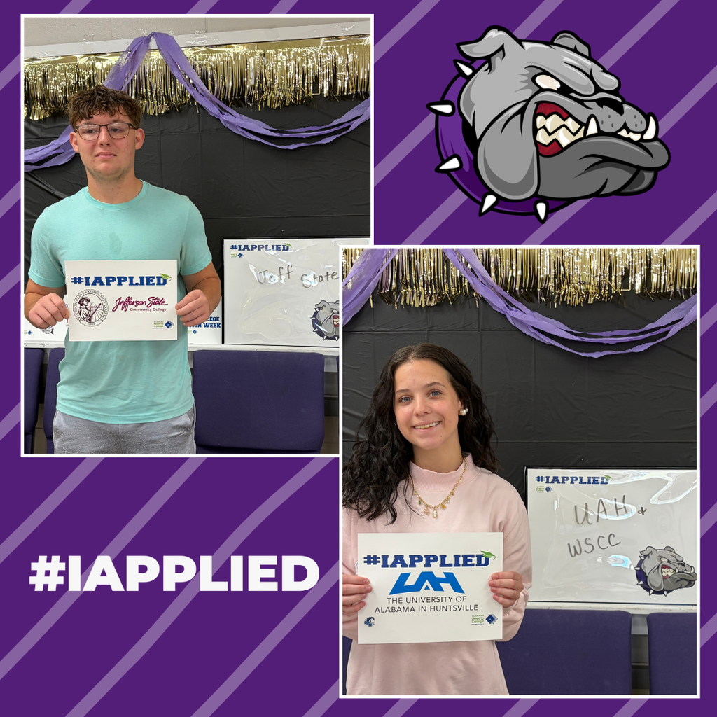 Two individuals holding signs with text "#IAPPLIED" and "Units WSCE" smile for a photo. Purple background with a bulldog logo.