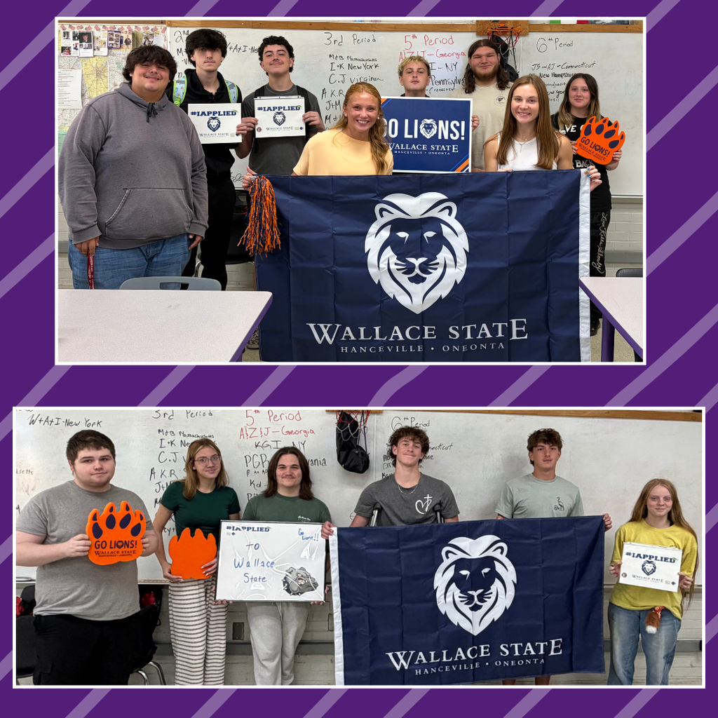 Collage of two groups of students in a classroom. First group holds a banner, second group holds signs. All wear yellow and gray colors.