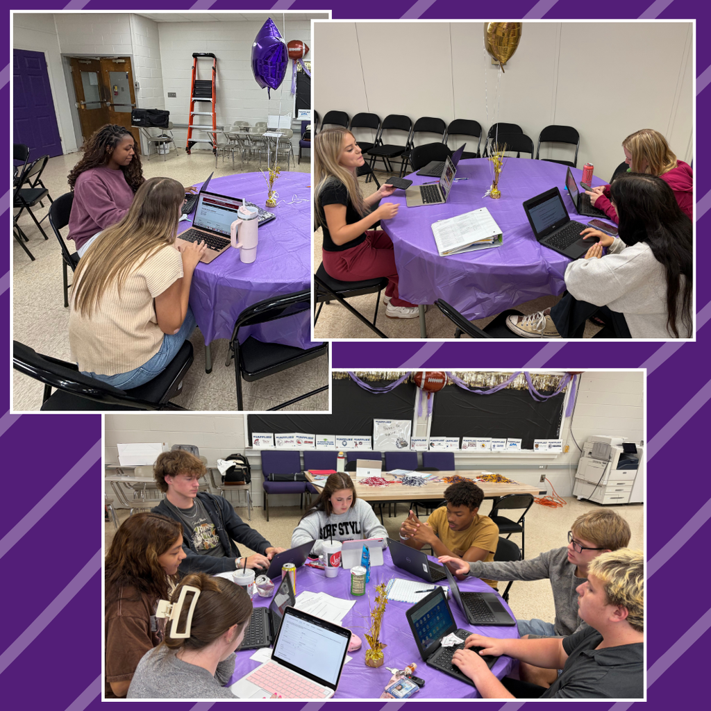 Four photos of students sitting at tables with laptops, engaging in discussions. Purple tablecloths and balloons are present.