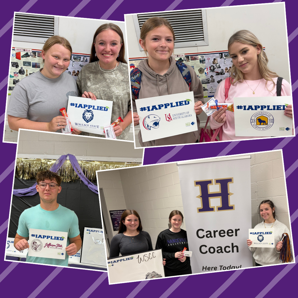 Six young adults in different photos, holding white signs that read "I APPLIED" and a purple background with "H" and "Career Coach Here Today".