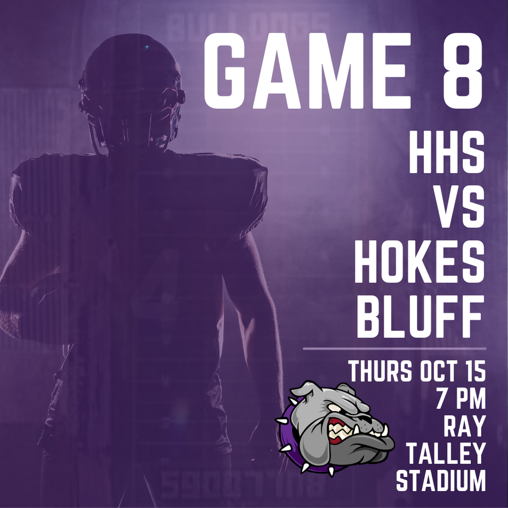 A football player in a black jersey and helmet appears on a purple background. The text reads "Game 8: HHS vs. Hokes Bluff".
