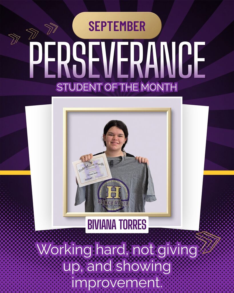 A purple background displays a gold frame with a student holding a certificate. Text reads "PERSEVERANCE Student of the Month" and "BIVIANA TORRES."
