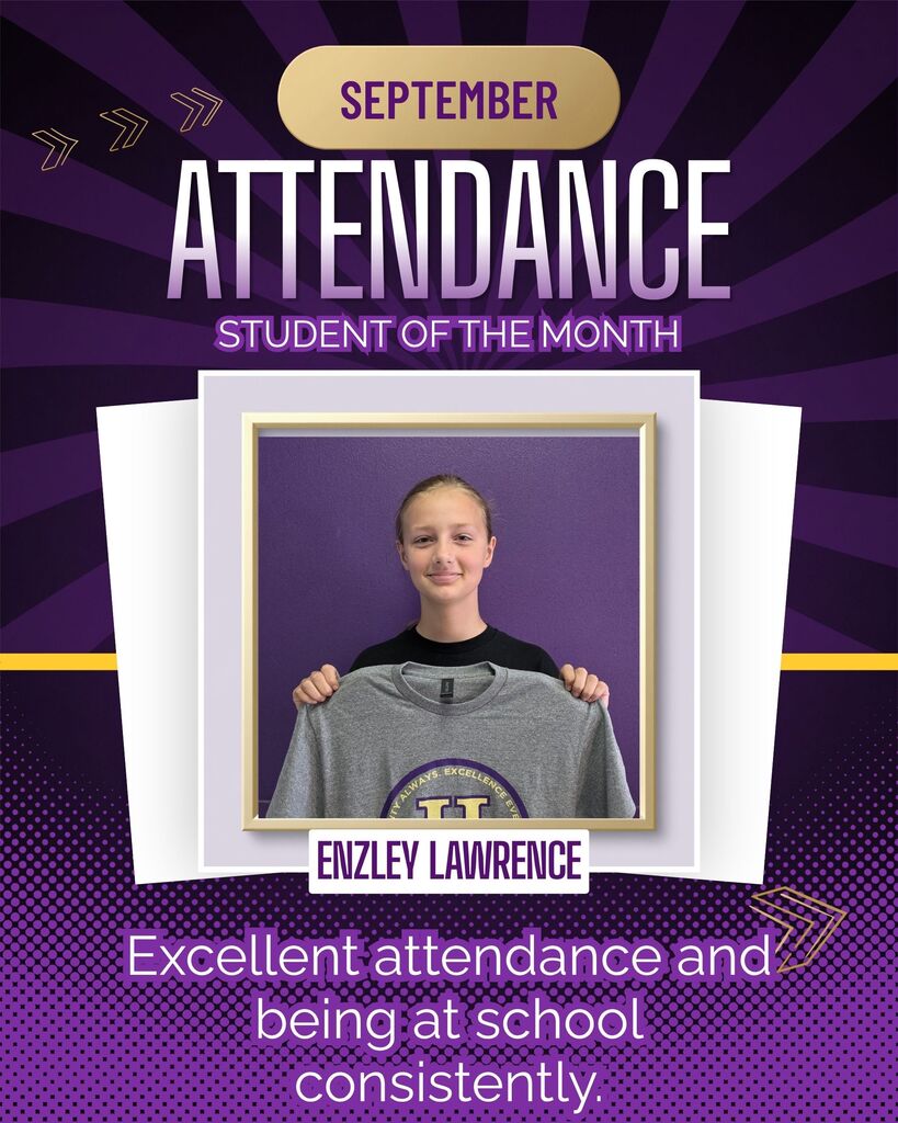 A purple background with text and an image of a person holding a gray shirt. It says, "Attendance Student of the Month" and "Enzley Lawrence" for excellent attendance.