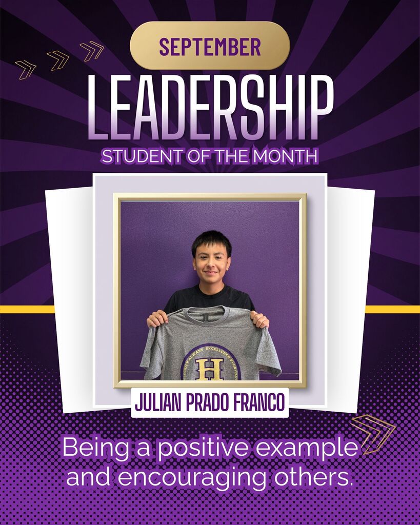 Purple background with a white border, a boy holding a gray T-shirt, and text "Leadership Student of the Month" above.