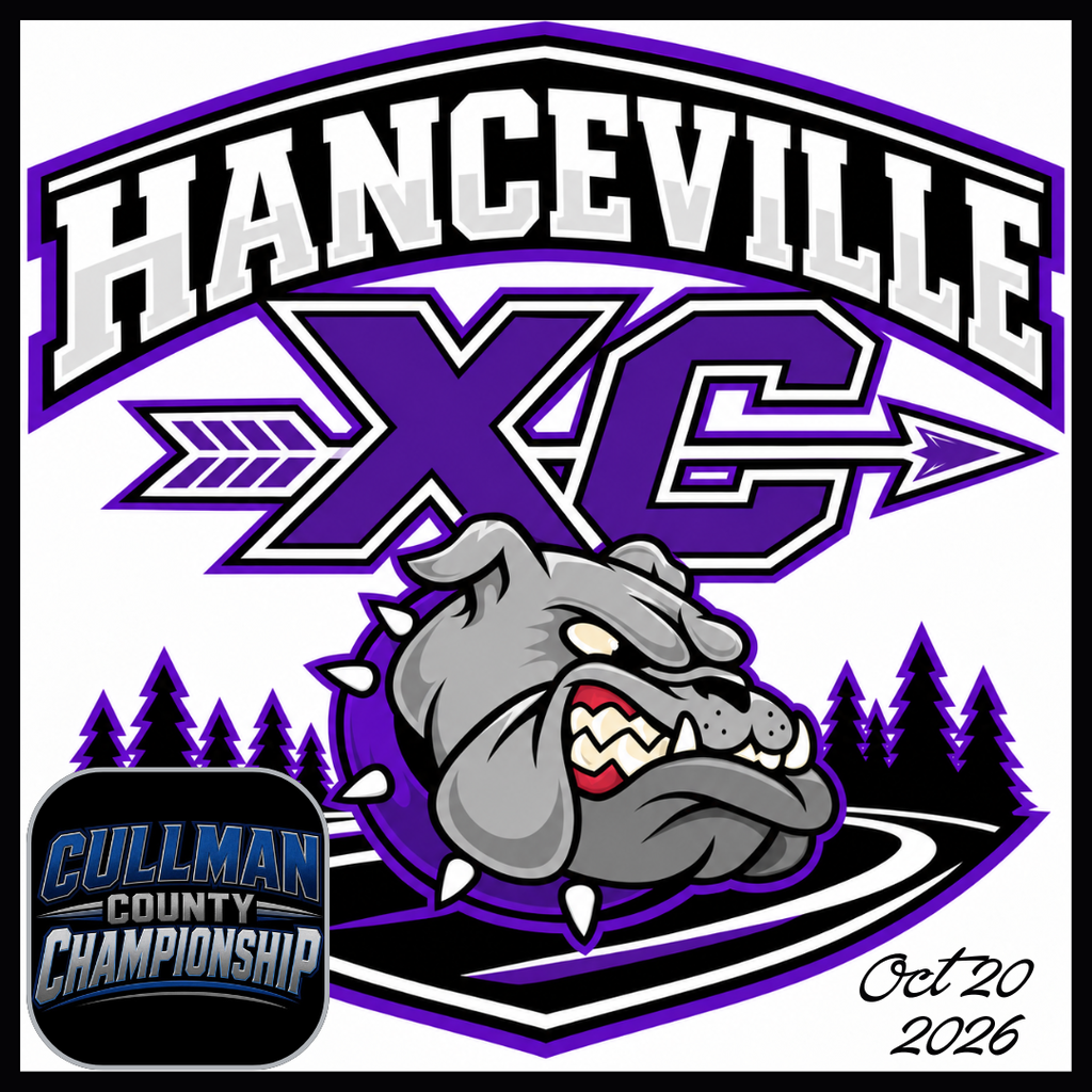 Logo with "HANCEVILLE XC" written above a bulldog and trees. Below, "Cullman County Championship" and "Oct 20 2026" on a white background.