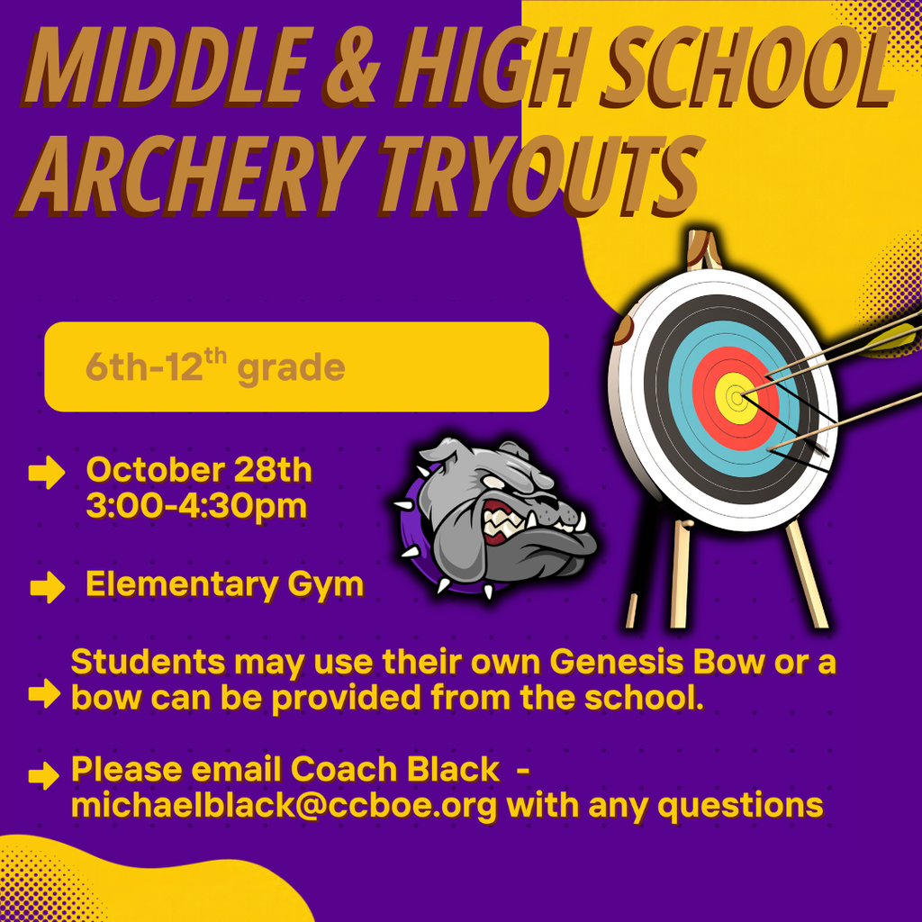 Purple poster with white text: "Middle & High School Archery Tryouts" with an arrow, target, and a mascot.