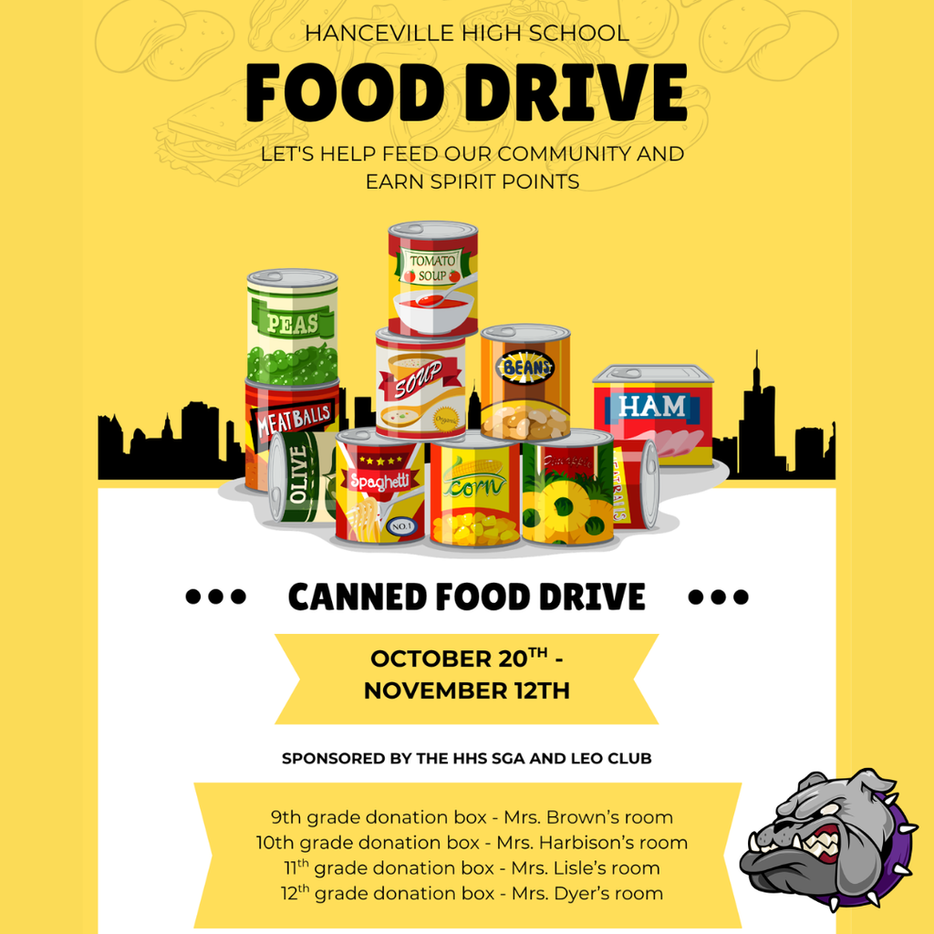 A poster for a canned food drive with stacked canned food, text, and a mascot in the bottom right corner.