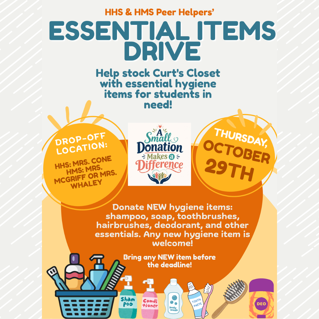 Advertisement for an essential items drive. Items include shampoo, soap, toothbrushes, hairbrushes, deodorant, and other essentials.