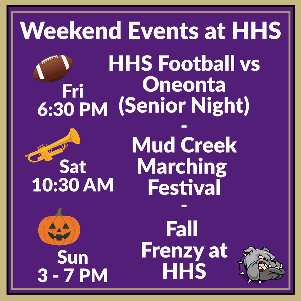 Purple banner with a purple border. Football, trumpet, pumpkin, and dog graphic. Times and dates for weekend events.