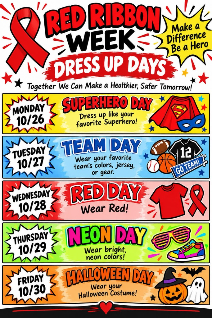 Poster with five different dress up days. Each day has a theme, and a small image to represent the theme.