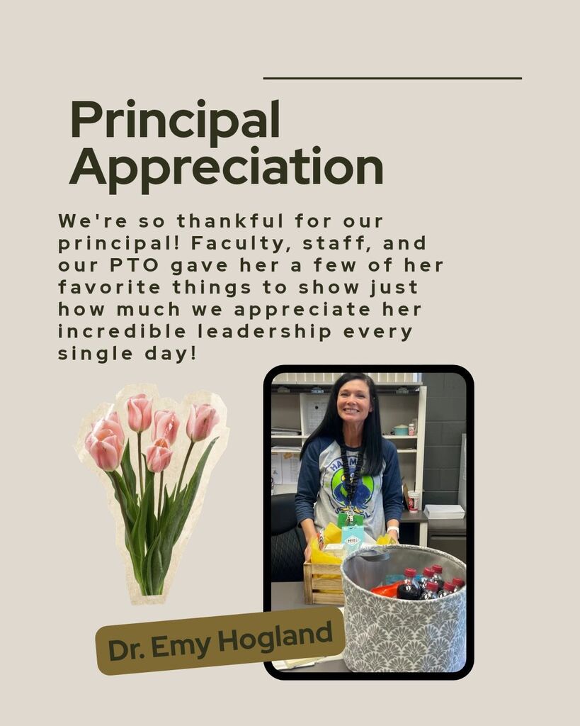 Text reads "Principal Appreciation" above a photo of a woman holding a basket of items. Beside her is a pink tulip.