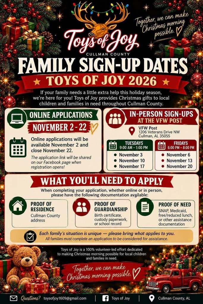 A poster displays sign-up dates for a holiday event. Text, icons, and symbols are in green, blue, and red.