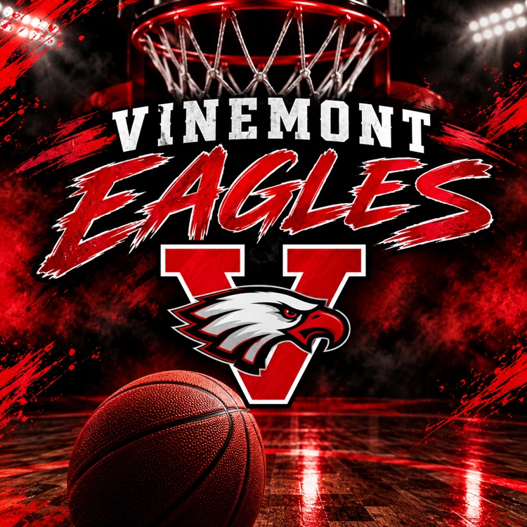 A basketball on a court with the Vinemont Eagles logo and a stylized eagle above the text.