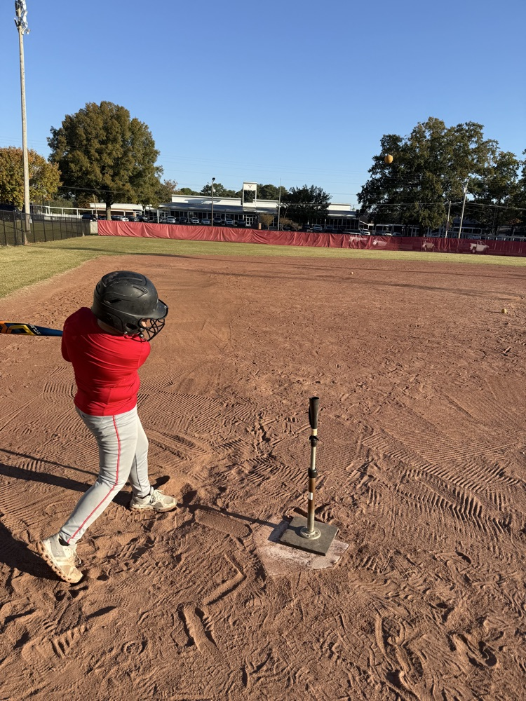 Person in red shirt and helmet swings baseball bat on a dirt field. Tee with a baseball bat.