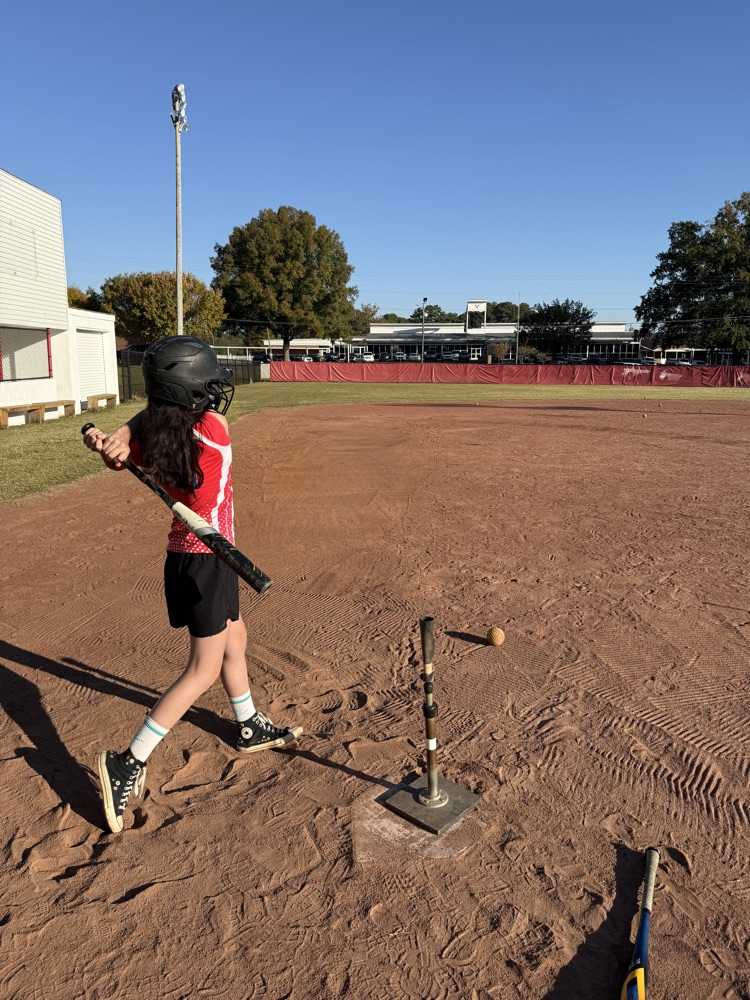 Child with helmet holds bat, tee ball setup with ball, tee, and bat on dirt field.