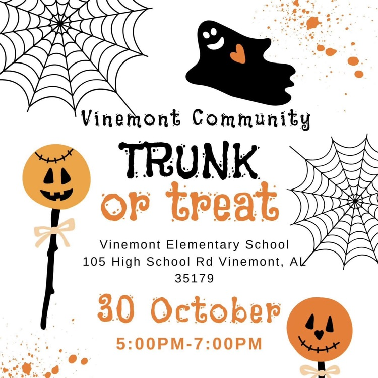 Halloween themed flyer for Vinemont Community Trunk or Treat event at Vinemont Elementary School.