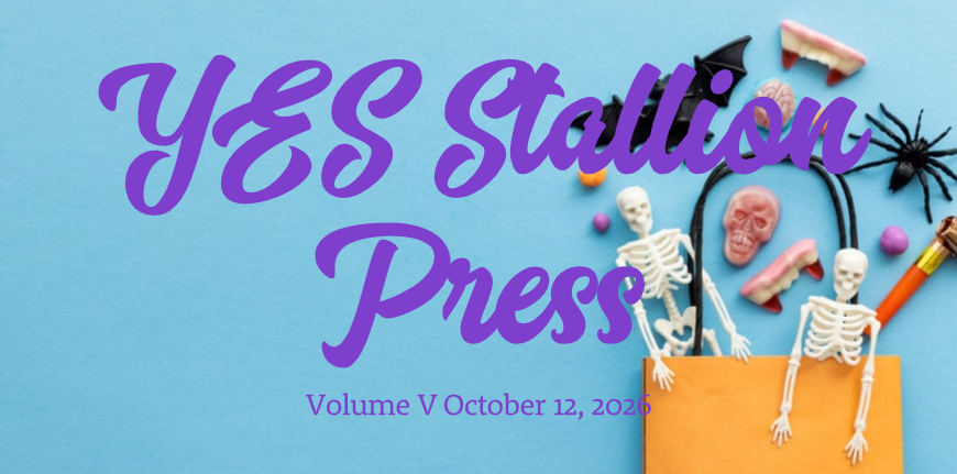 Newsletter banner featuring brightly colored autumn leaves with the words “YES Stallion Press, Volume V, October 12, 2026.”